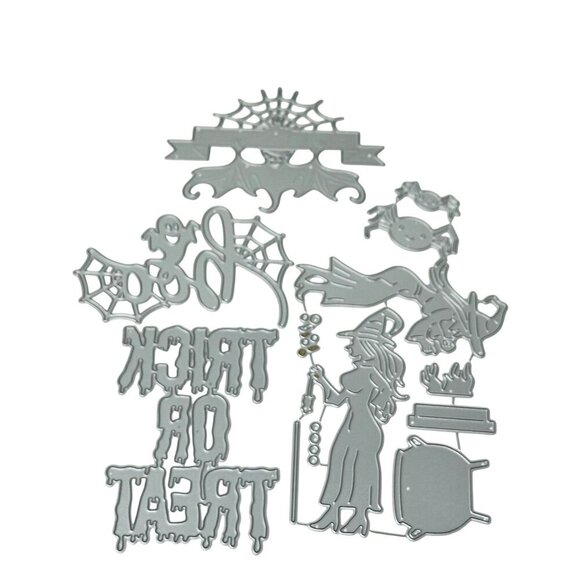 Halloween Metal Die Cut Lot Witch Bat Spiders Trick Treat Ghost Cauldron Set - Picture 1 of 8